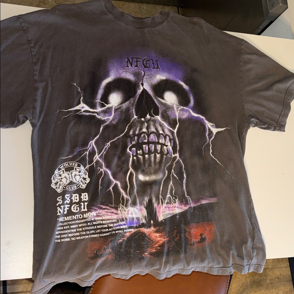 Darc Sport Gray Tee with Purple Lightning Skull Graphic